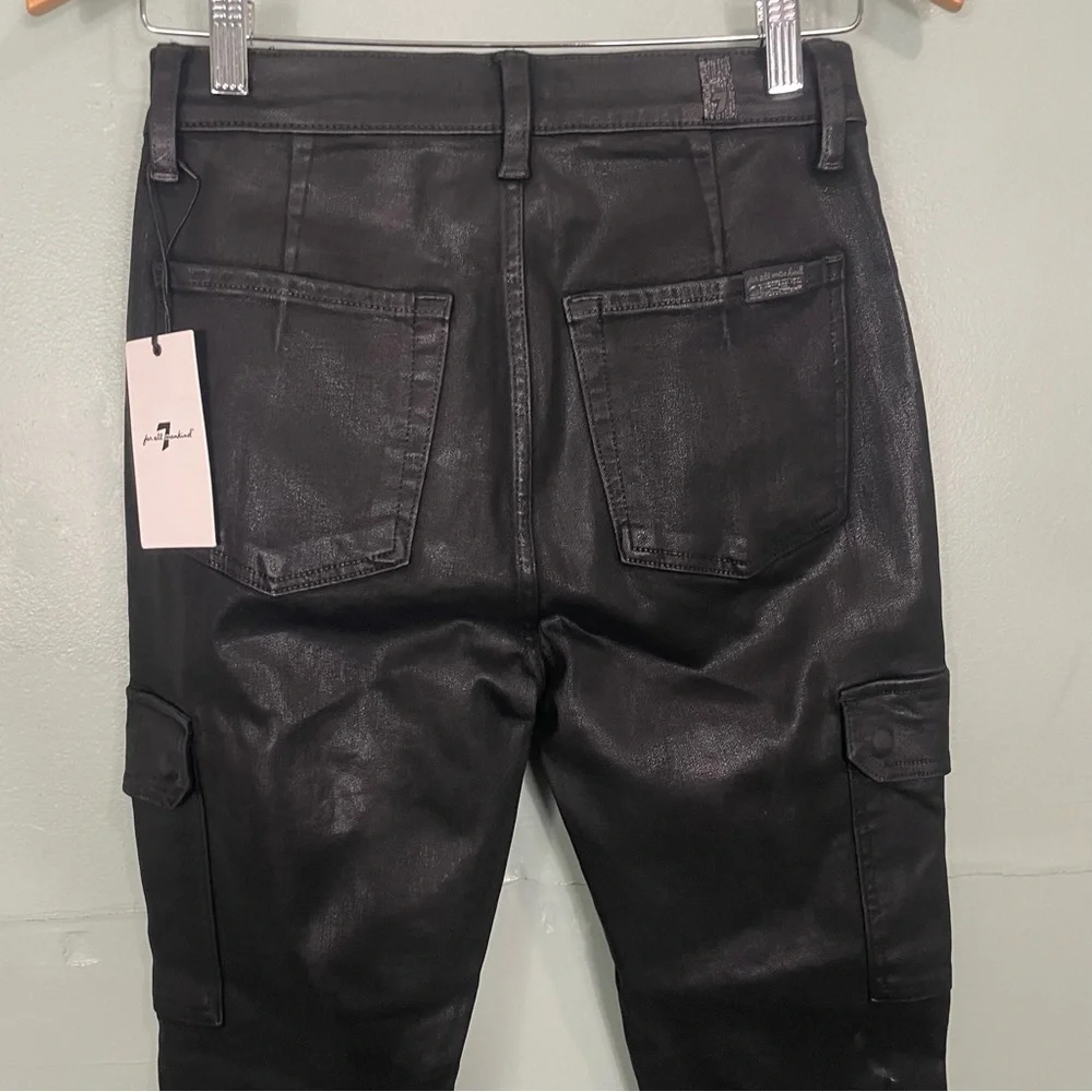 7 For All Mankind Coated Cargo Skinny‎ Black Shiny Women Sz 28 NWT